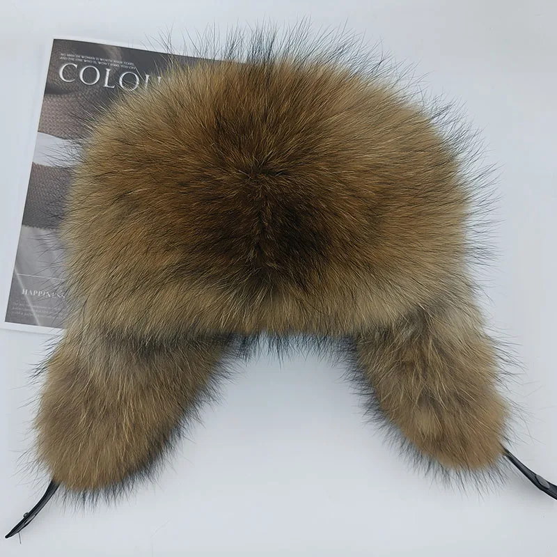 Luxury Real Raccoon Fur and Real Sheep Leather Fur Hat With Earflap Women Warm Thick Genuine Fur Bomber Hat Winter Fur Cap