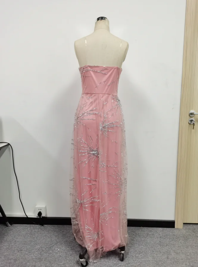 2024 Fashion Spring and Summer New Women\'s Sexy Hot Stamping Wrapped Chest Split Party Dress Pink Floor Length Dress