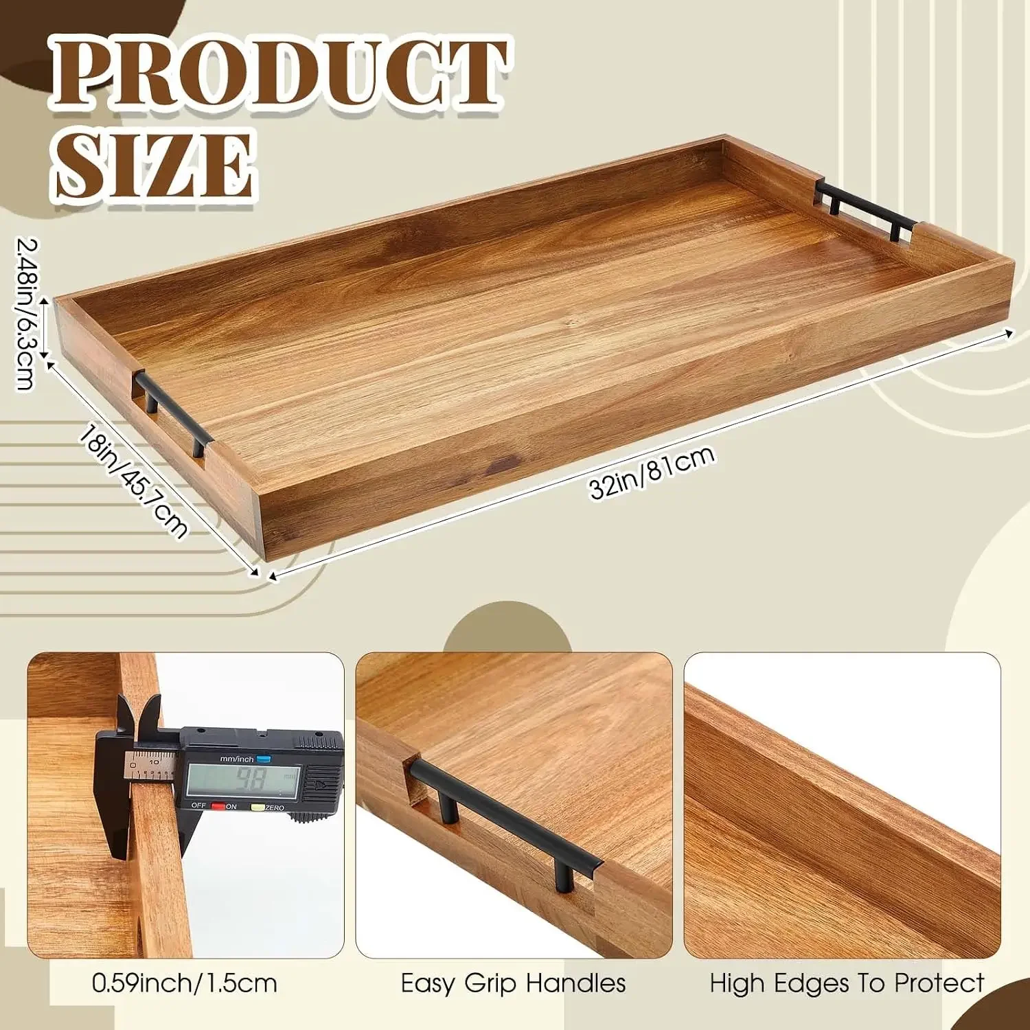 32 x 18 Inch Wood Serving Tray Extra Large Ottoman Tray with Handle Oversized Rectangle Extra Long Vintage Decorative Platters