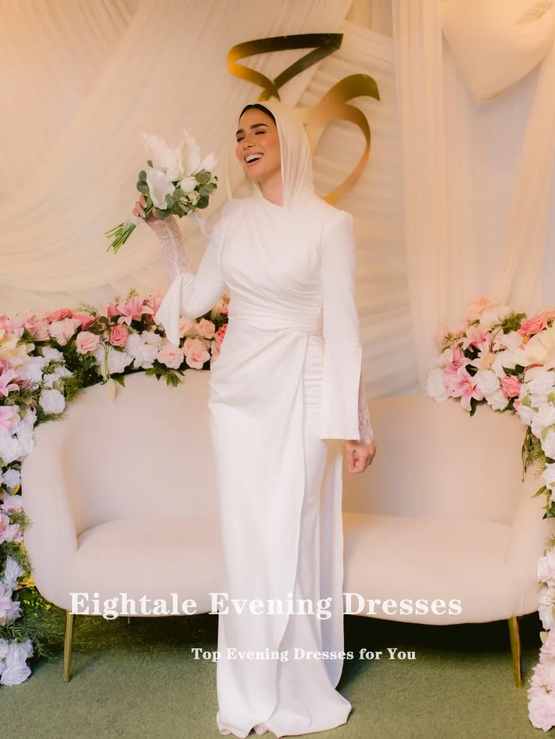Eightale Arabisches Hochzeitskleid mit O-Ausschnitt, individuell gestaltet, weiß, elfenbeinfarben, Perlen, lange Ärmel, muslimisches Brautkleid, Meerjungfrau-Braut-Partykleid