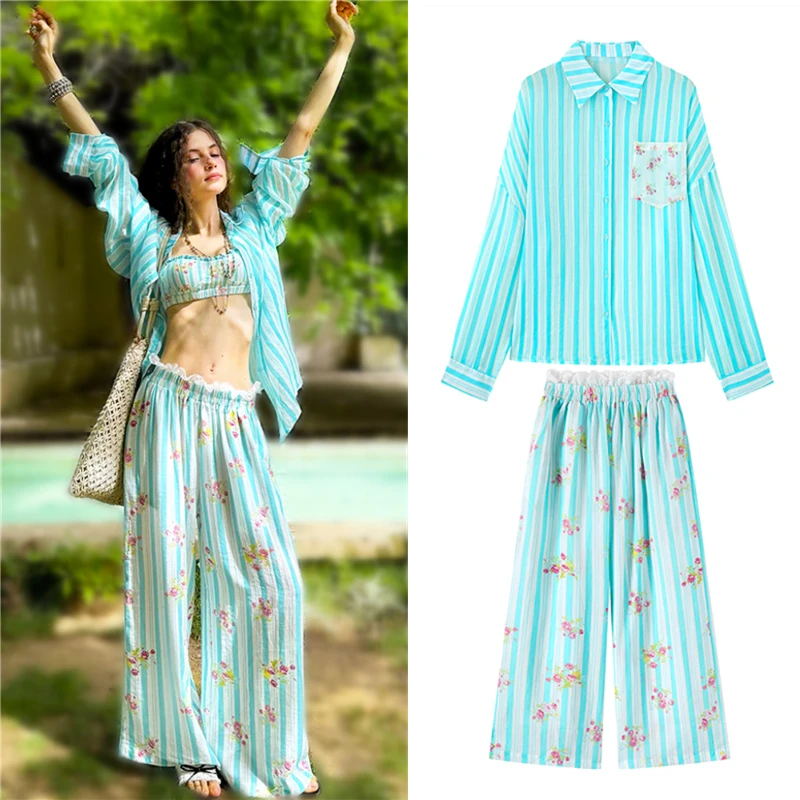 

Женская повседневная одежда из 2 предметов, модная рубашка большого размера в полоску с длинными рукавами, длинные брюки, широкие брюки, женские комплекты из 2 предметов SL203