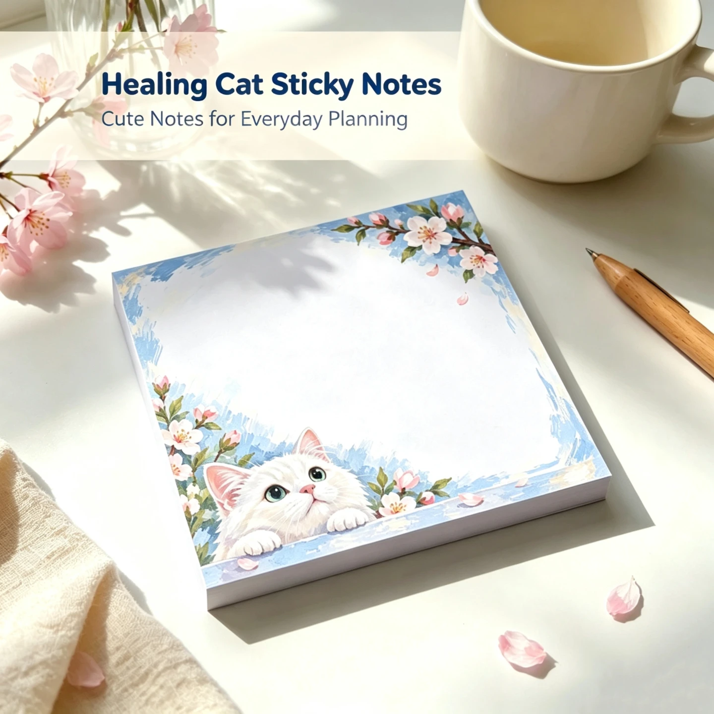 Healing Rainy Day Cat Sticky Notes, Floral Window Siamese Cat Memo Pad,Aesthetic Journal Decor,Healing Cat & Flower Sticky Notes