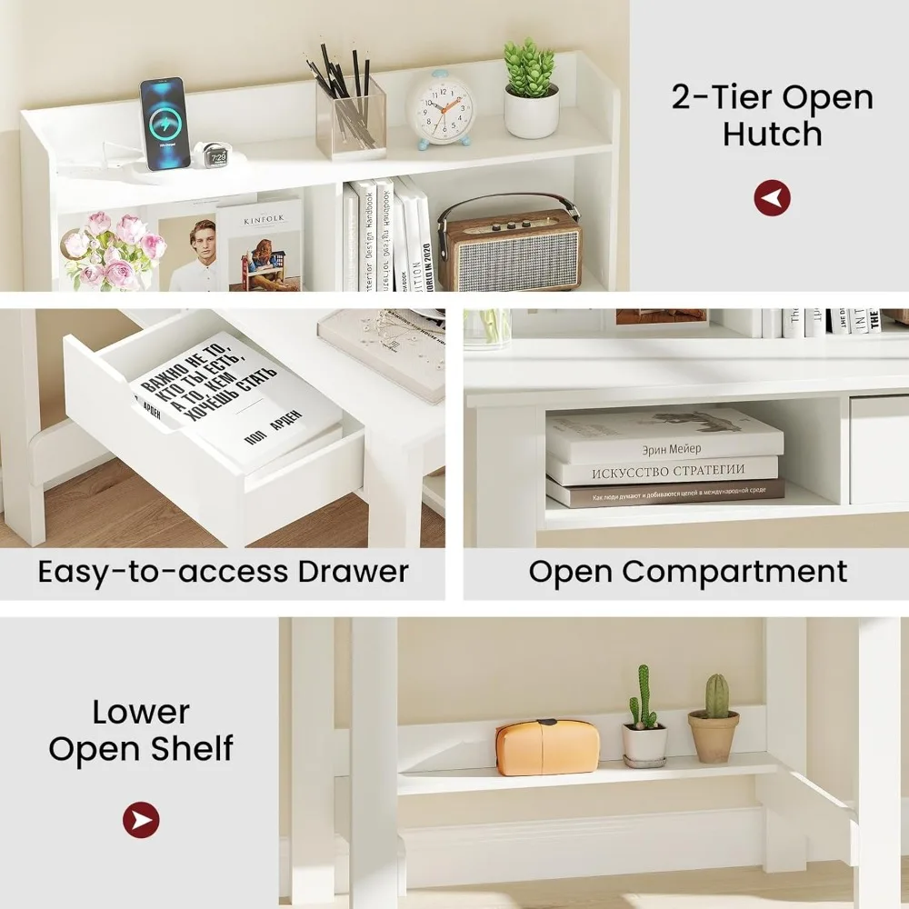 허치가 있는 Giantex 화이트 컴퓨터 책상, 전원 콘센트가 있는 홈 오피스 책상, USB 포트, 타입-C, 수납 선반 및 서랍, 모던 L