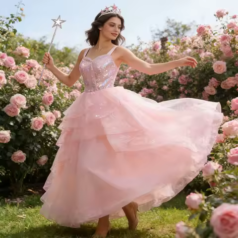 Women Elegant Evening Dress Glinda Same Princess Dress with Accessories Teenager Girls Carnival Cosplay Costumes Birthday Dress