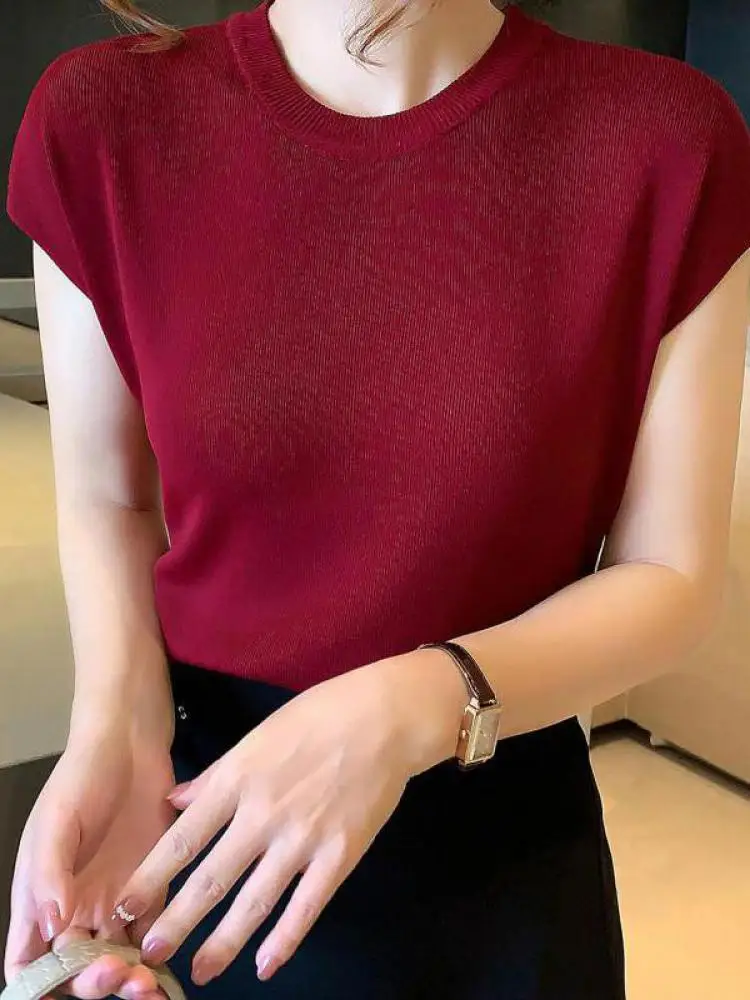 2024 Summer Womens Sweater Short Sleeve O-neck Slim Fit Knitted Pullovers Bottoming Casual Knitwear Pink Clothes