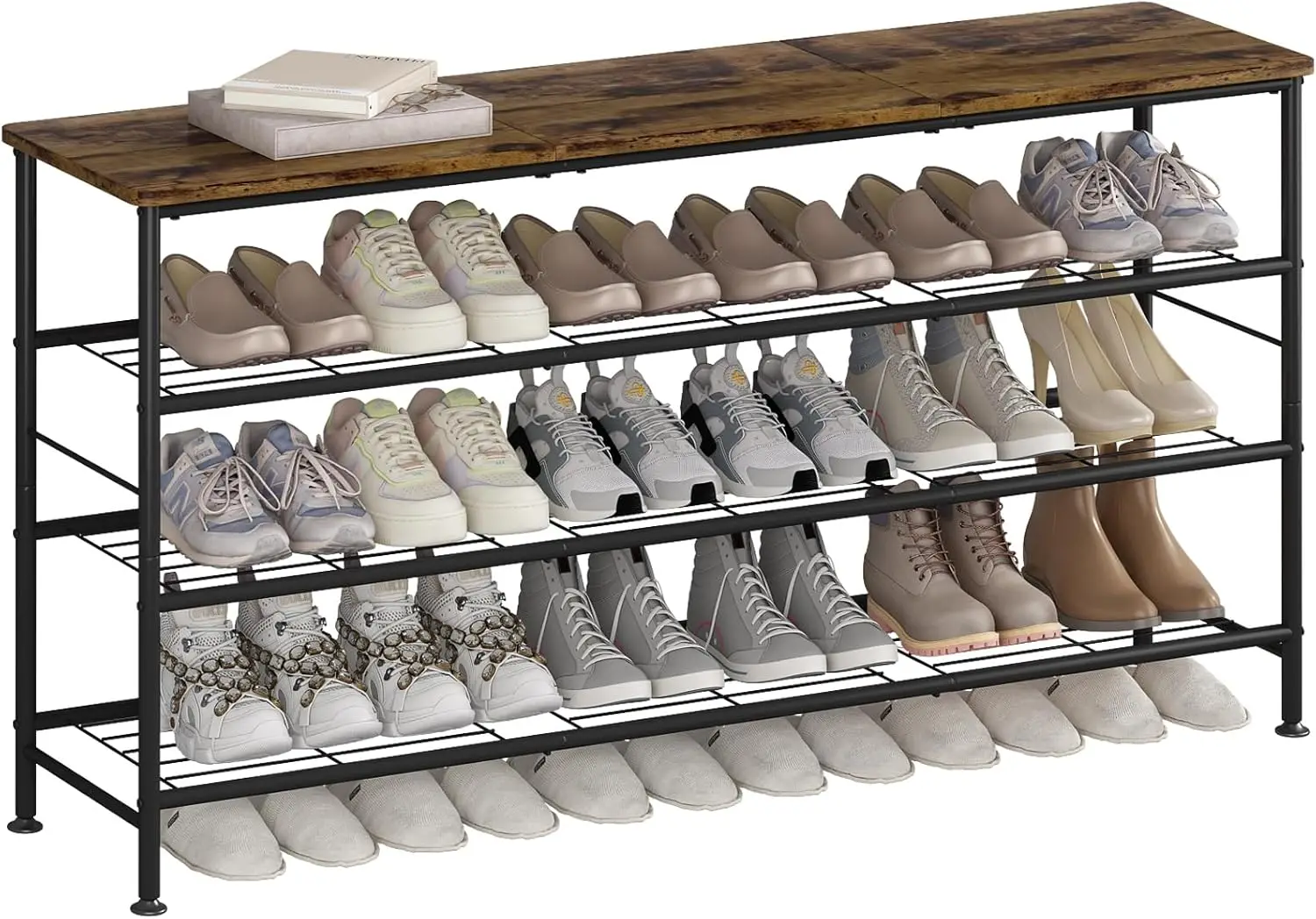 

4-Tier Metal Shoe Rack with Wooden Top, Free-Standing Storage for Closet Entryway in Black and Rustic Brown