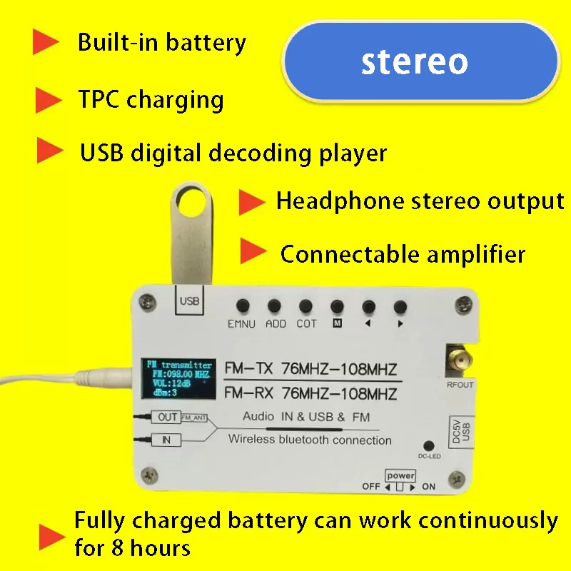 0.5W 스테레오 FM 송신기는 USB Bluetooth 리튬 배터리 구동 캠퍼스 FM 오디오 및 비디오 신호 송신기를 지원합니다.