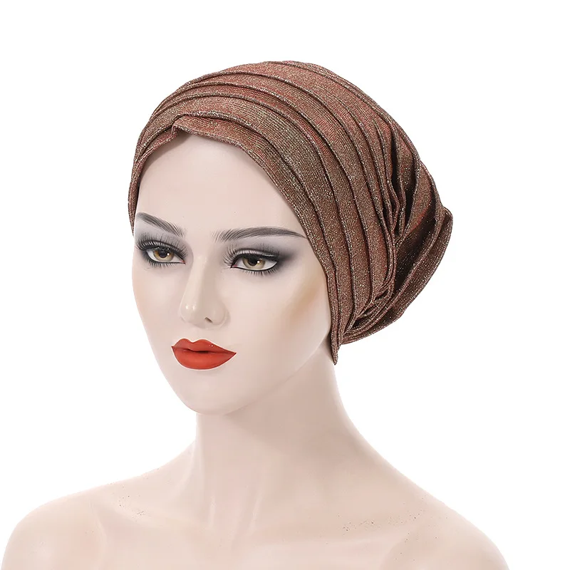 2024 New Glitter Women's Pleated Turban Cap Candy Color African Hat Nigeria Geles Muslim Headscarf Bonnet Ladies Head Wraps