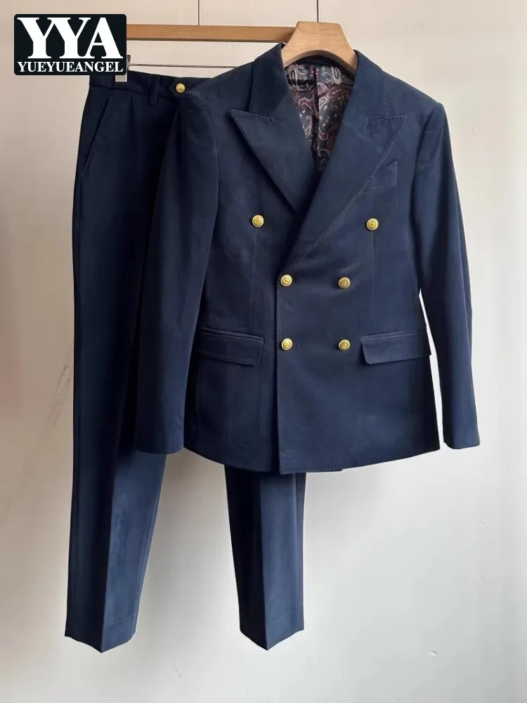 Autumn Office Men Corduroy Suits Sets Business Party Banquet Elegant Men Double Breasted Blazers Straight Pants Two Piece Set
