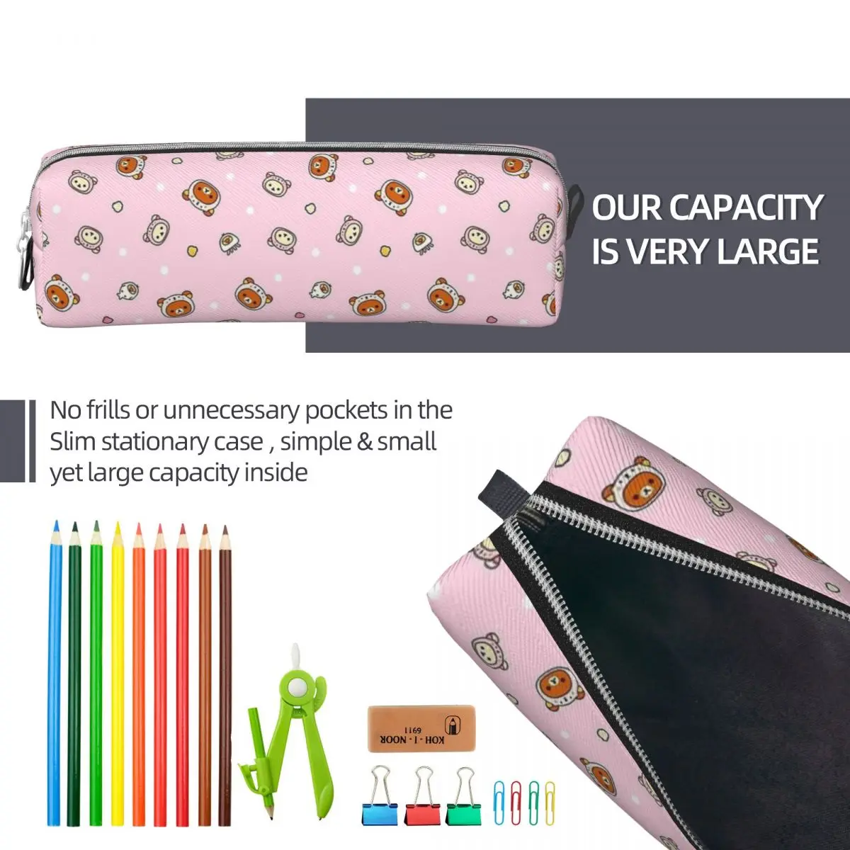 Kawaii Pink Rilakkuma Pattern Pencil Cases New Pen Holder Bag Girls Boys Big Capacity School Supplies Zipper Pencil Pouch