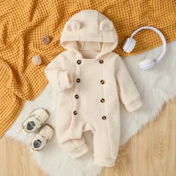 Cut Lovely Newborn Baby Girl Boy Fleece Jumpsuit Autumn Winter Solid Color Long Sleeve Full Length Hooded Warm Romper For 3M-24M