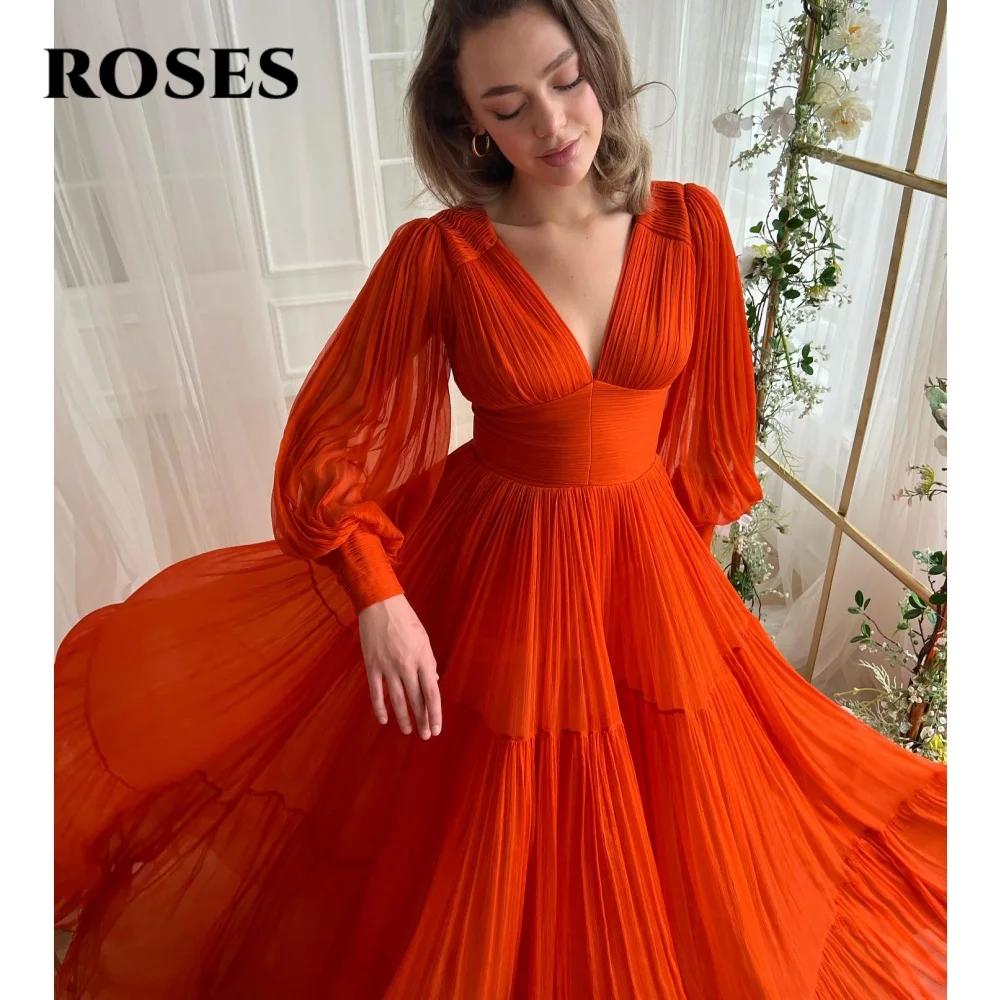 

ROSES Bright Orange Elegant Prom Dress V-Neck Backless Prom Gown for Woman Chiffon Lantern Sleeve Pleated Formal Gown Customized