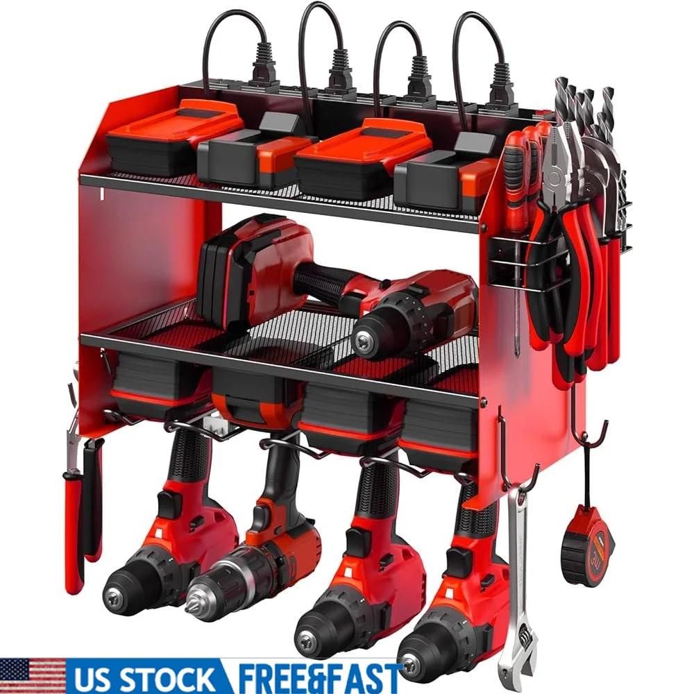 

CCCEI Modular Power Tool Organizer Wall Mount with Charging Station. Garage 4 Drill Storage Shelf with Hooks Screwdriver Drill