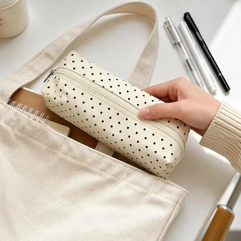 Canvas Polka Dot Pencil Case Simple Aesthetic Stationery Pouch Portable Small Storage Bag For Students Back To School Supplies