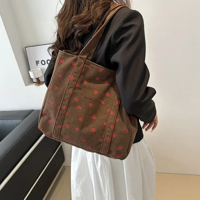 

Women Corduroy Shoulder Underarm Bag Large Capacity Tote Bag Casual Shopping Bags Student School Printed Canvas Bag