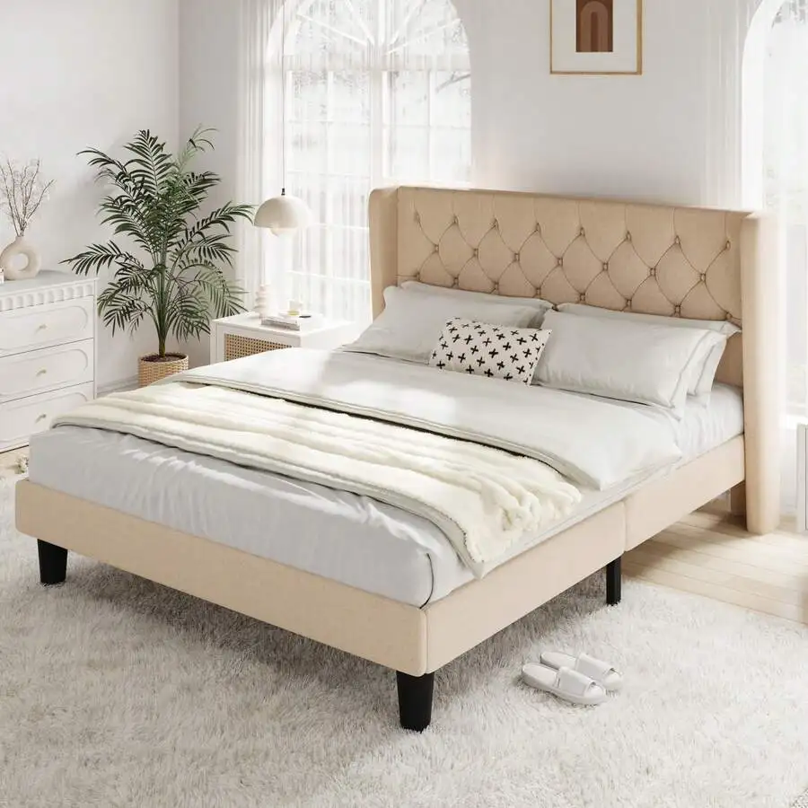 Modern Fabric Upholstered Platform Bed Frame, Full/Queen/King Size Bed Frame With Button Tufted Wingback Headboard, Strong Wood Slat Support, No Box Spring Needed, Easy Assembly, Beige