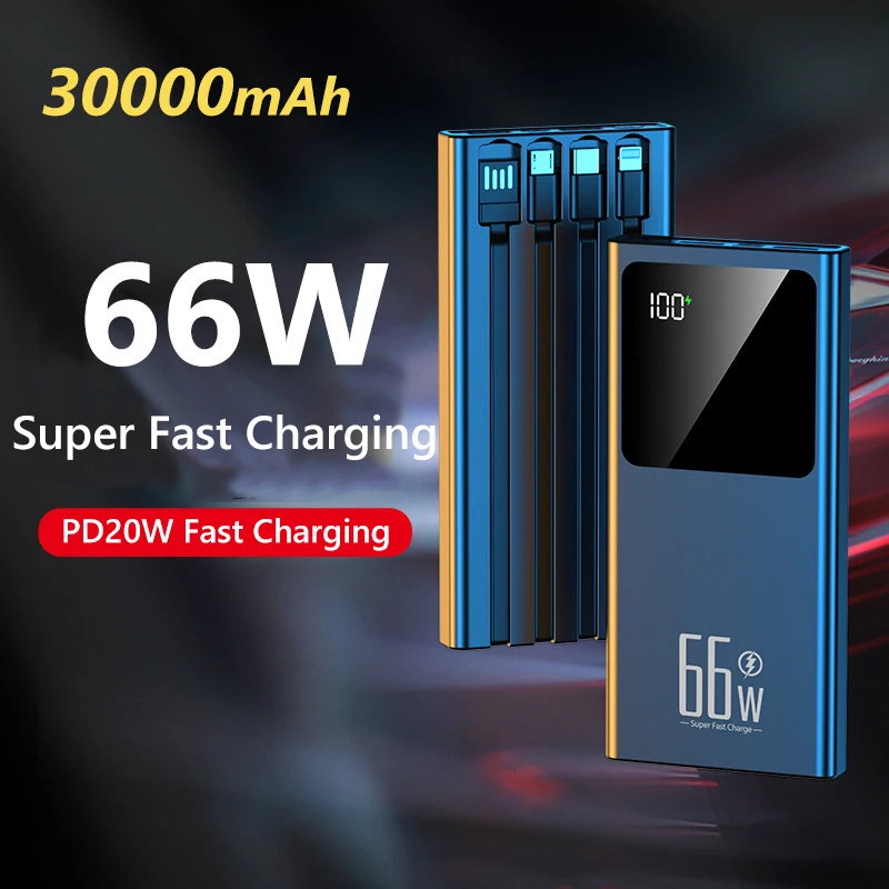 

30000 мАч Power Bank высокой емкости 4 в 1 кабели Быстрая зарядка Powerbank Портативное зарядное устройство для IPhone Samsung Huawei XiaoM