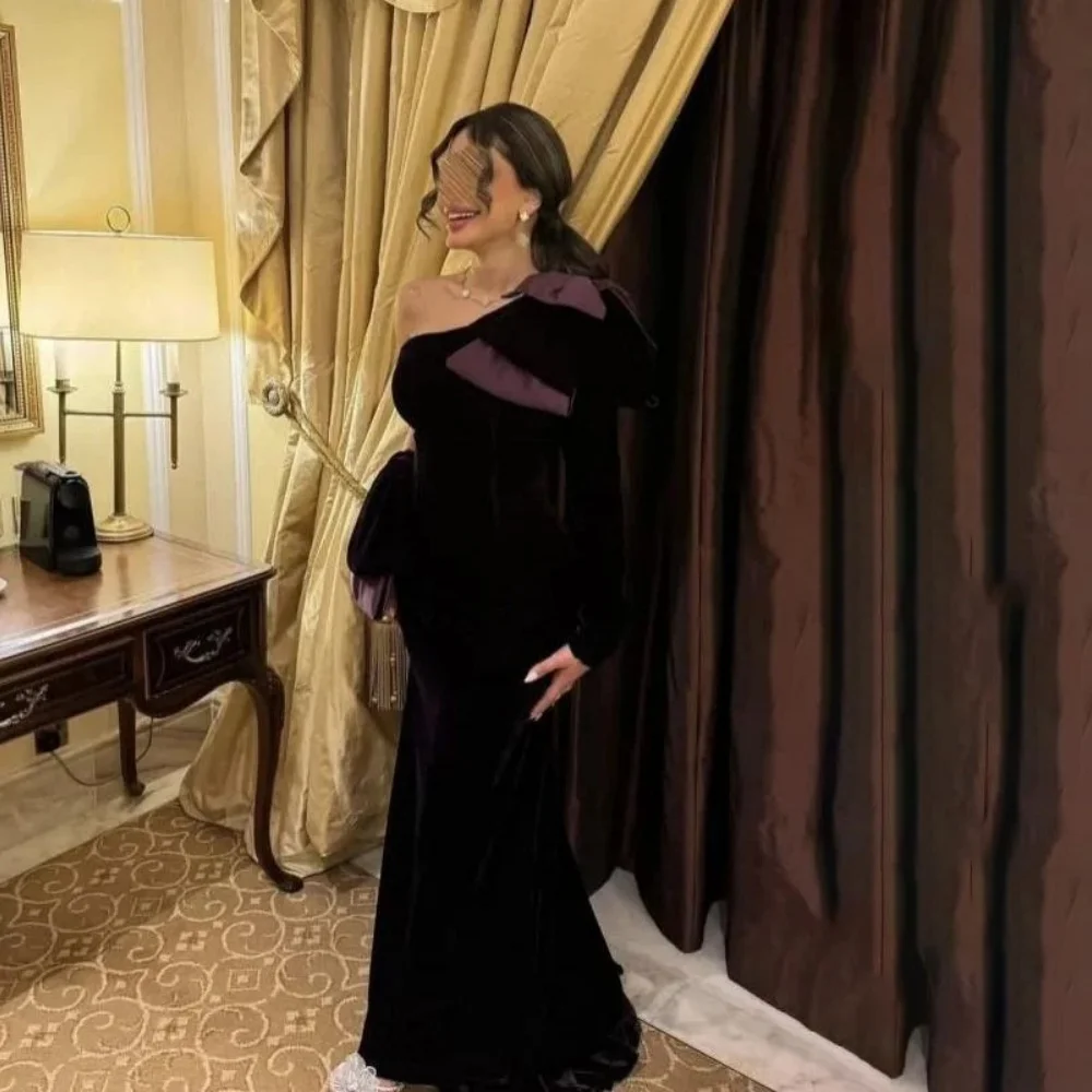 

Customized Exquisite Women Prom Dress Long Sleeve Charming One Shoulder Mermaid Party Dress Elegant Bow Women Evening Gown