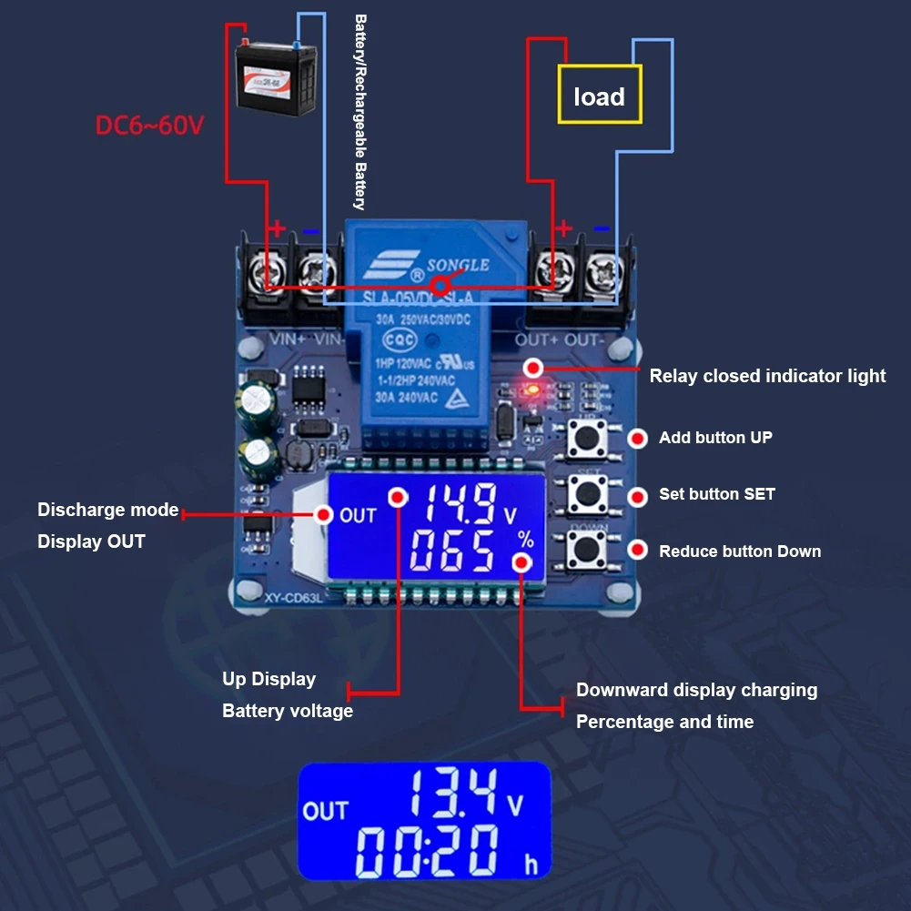 XY-CD63L Low Voltage Disconnect Module LCD Display DC6-60V Under-Voltage Deficit Protector Over Discharge Protection