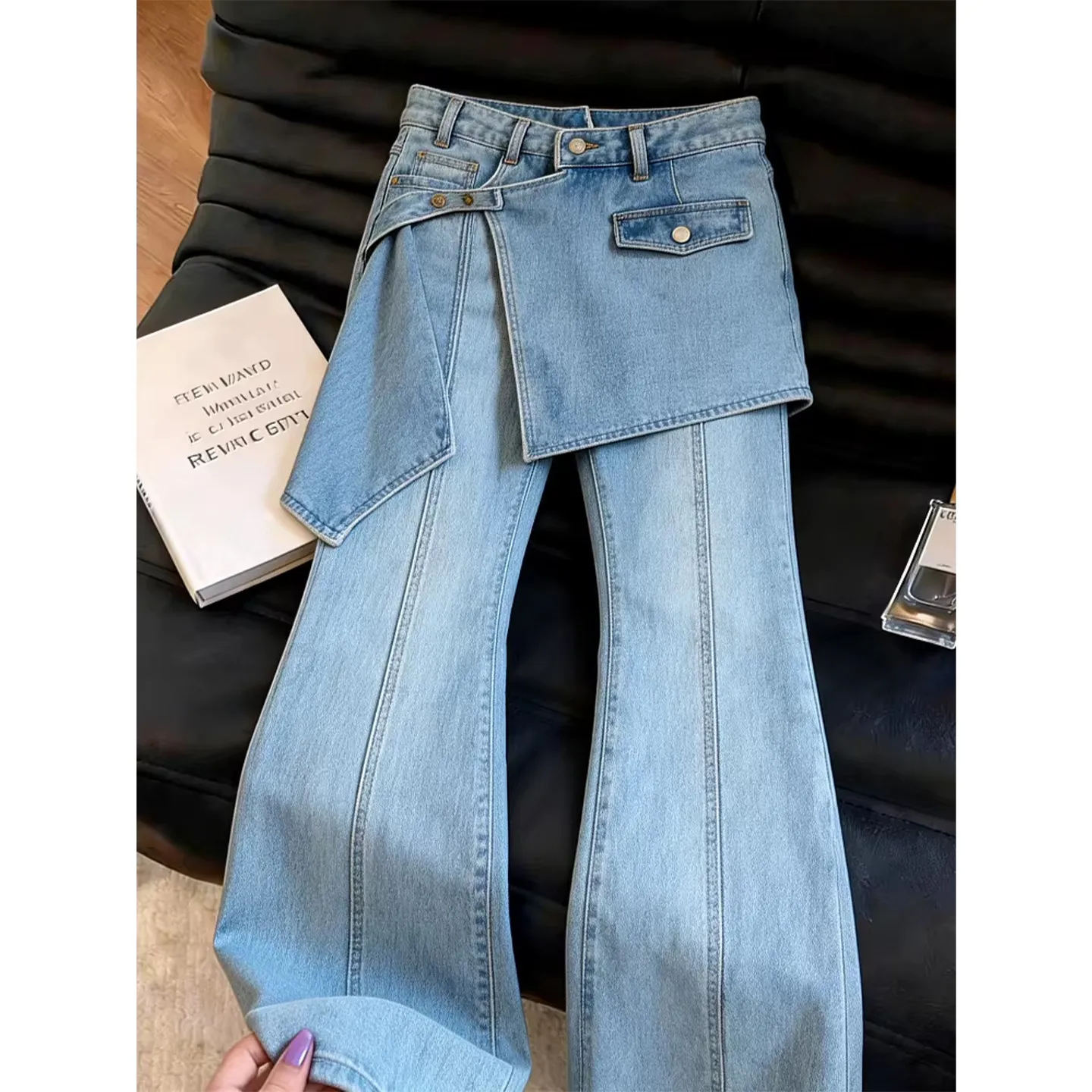 Women Skirt Overlay Flare Jeans Light Wash Denim Layered Wrap Skirt Panel High Waist Bell Bottom Pants