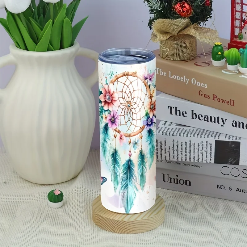 1pc 20oz Straight Cup Stainless Steel Insulated Mug Flower Feather Dream Catcher: Fantasy Color Pattern Fashionable Portable Travel Mug, Cold Retention Cup, Internal Double Layer Vacuum Design, Leak-proof,  Suitable for Hot and Cold Drinks