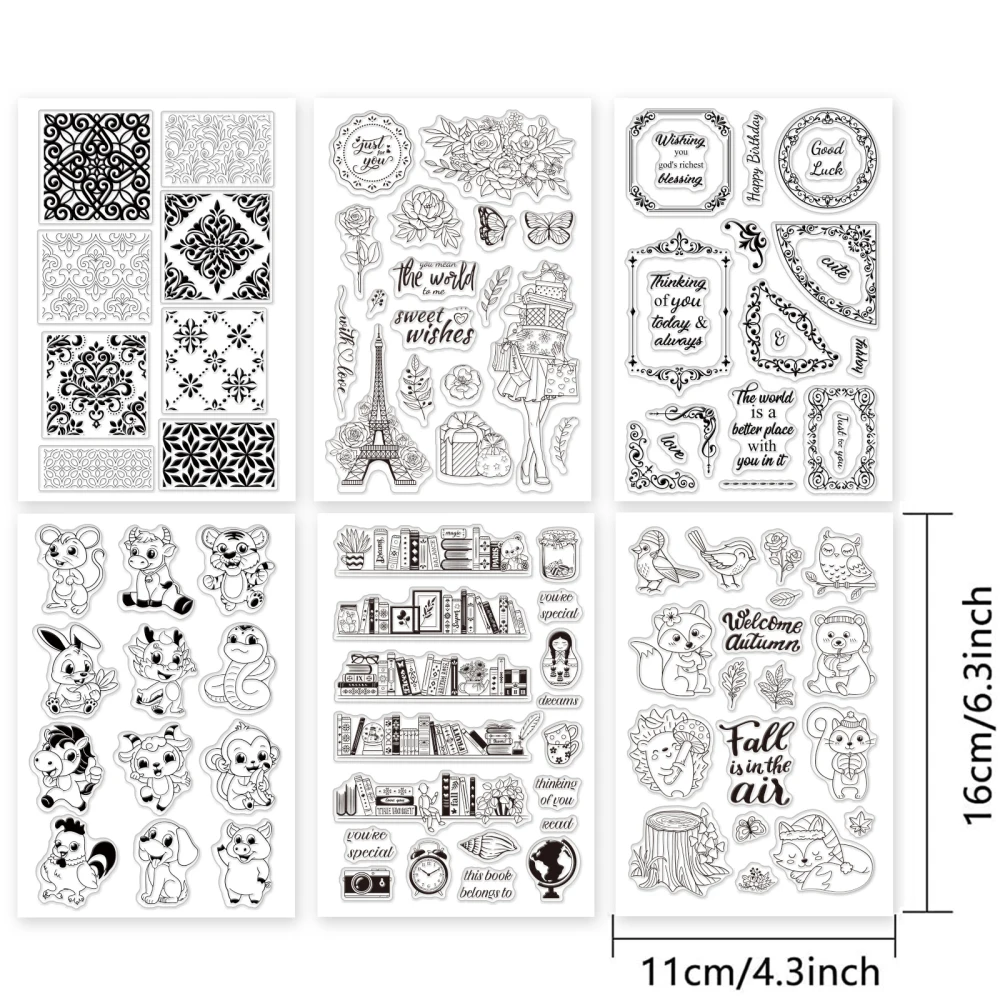 6 Sheets 6 Style TPR Stamps with Acrylic Board for Imprinting Metal, Plastic Wood Leather Mixed Patterns 16x11cm 1sheet/style