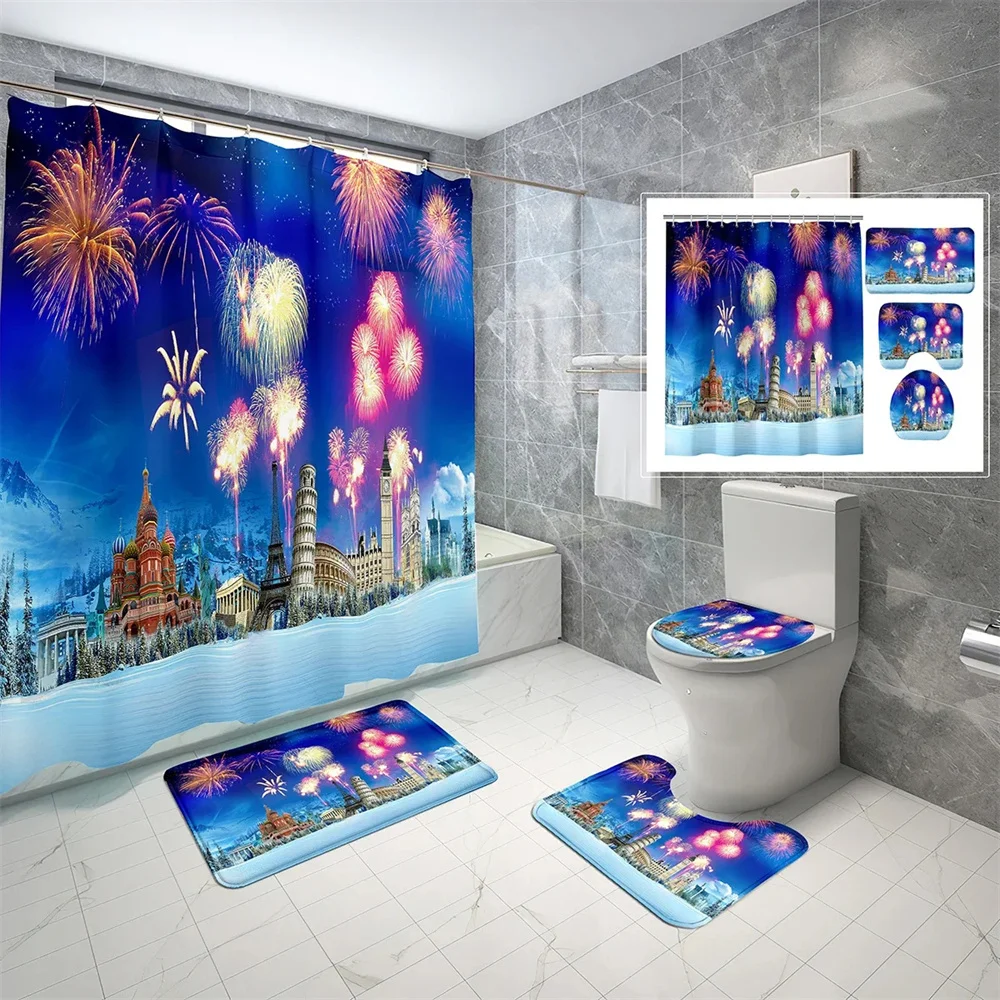 

Shower Curtain set City View Shower curtain Floor mat Toilet seat mat Bathroom Decoration set