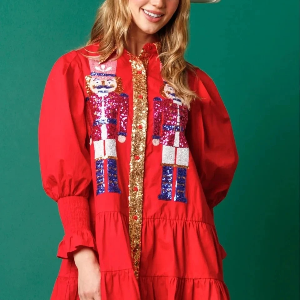 

Winter Ladies Women Prom Dresses New Christmas Printed Lapel Button Long Sleeve Sequin Stylish Vestido Lentejuelas Grandes Mujer