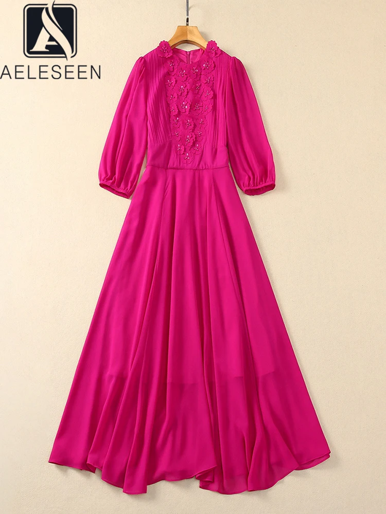 

AELESEEN Fashion Designer Long Dress Women Spring Summer Lantern Sleeve Appliques Beading Embroidery Elegant Long Pleated Party