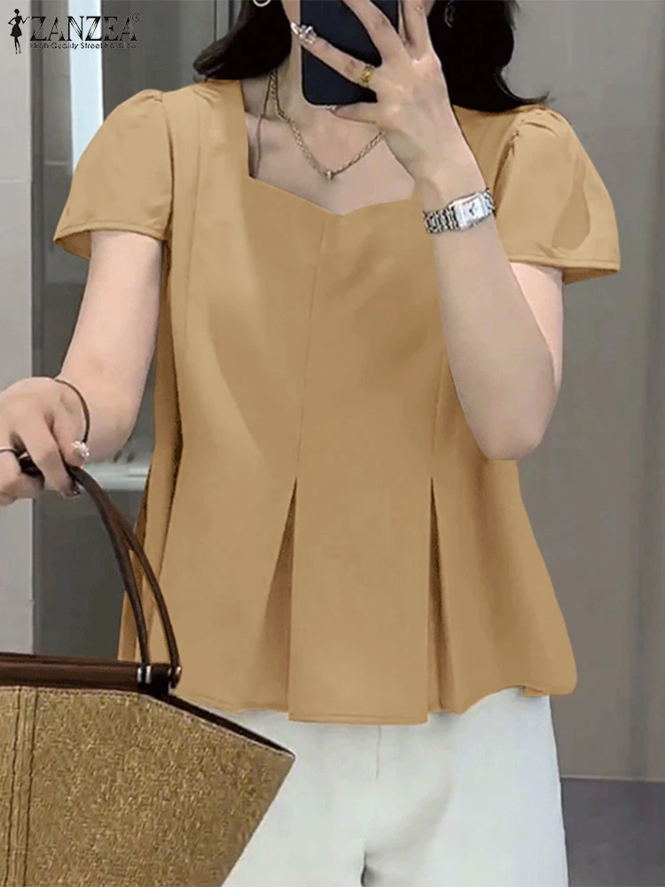 

ZANZEA Summer Square Neck Short Sleeve Shirts Women Solid Work OL Blouses Pleated Tunic Tops Stylish Casual Holiday Blusas 2025