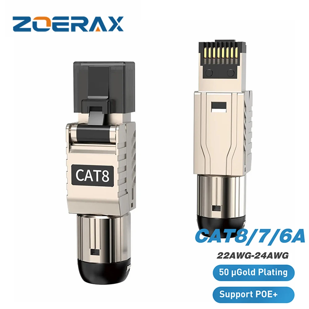ZoeRax RJ45 Cat8 Cat7 Cat6A Connectors RJ45 Metal Tool Free Easy Termination Plug 2000MHz 40G LAN Cable 22AWG - 24AWG