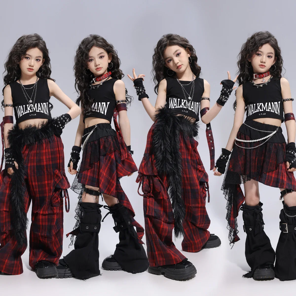 

Одежда в стиле хип-хоп для девочек, укороченные топы в стиле панк, брюки-карго, детская клетчатая юбка для уличных танцев, комплекты одежды, детская уличная одежда, наряды для подростков