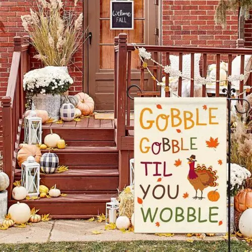 Gobble Turkey Garden Flag 12x18 Double Sided, Fall Thanksgiving Yard Decor Flag