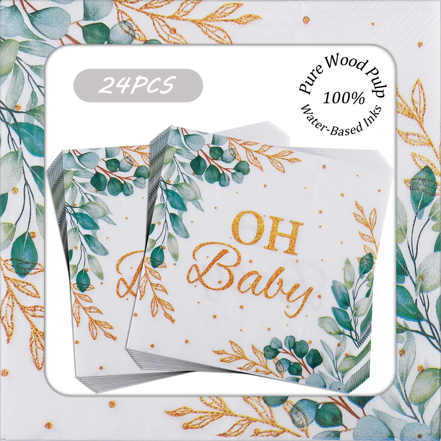 24pcs Gold 'Oh Baby' Napkins Pure Wood Pulp 33x33cm Eucalyptus Shower - Disposable Table Settings - Decorative Placemats