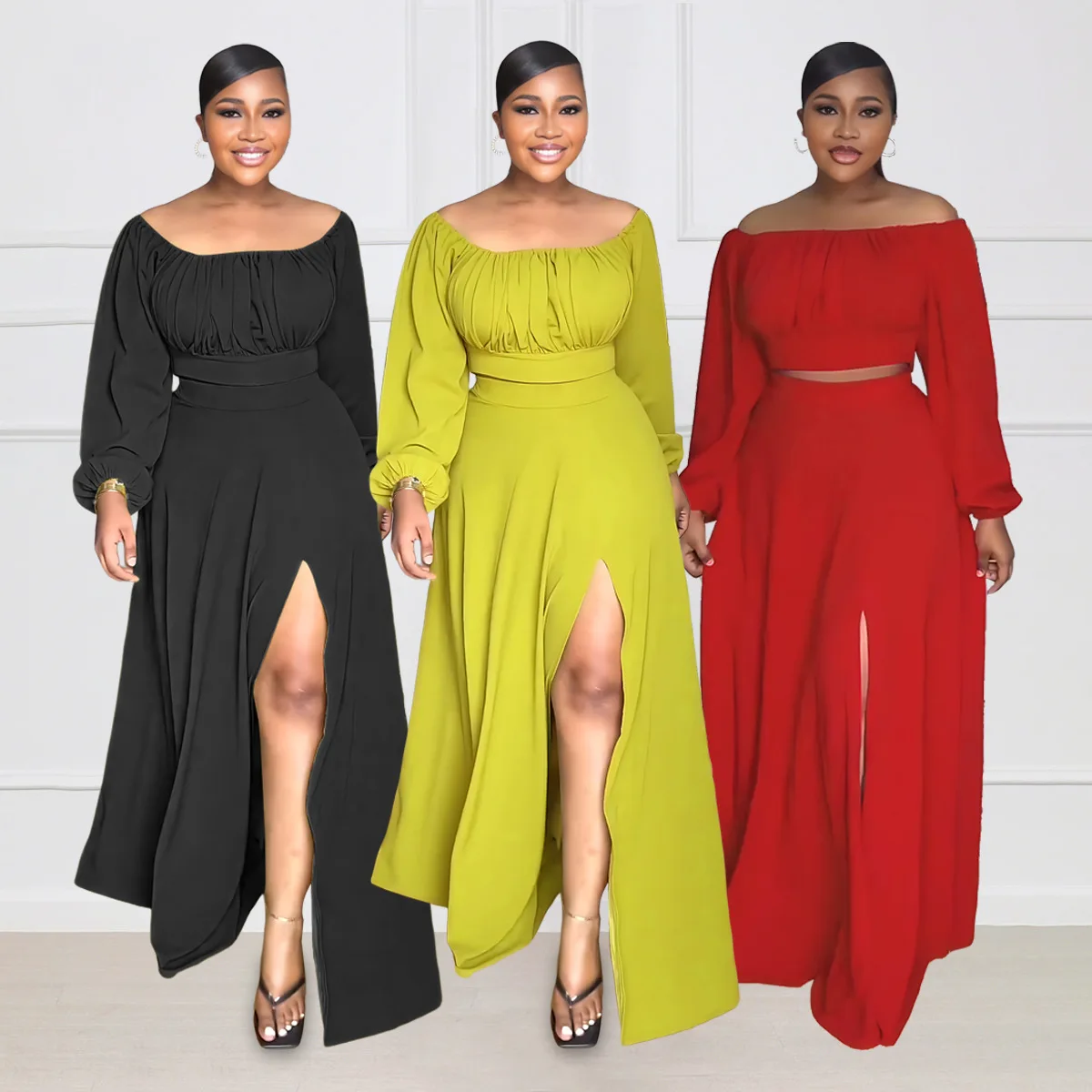 Black Green Red African Clothes for Women Summer 2024 Elegant Long Sleeve 2 PCS Top Skirt Matching Sets Africa Clothing Outfits