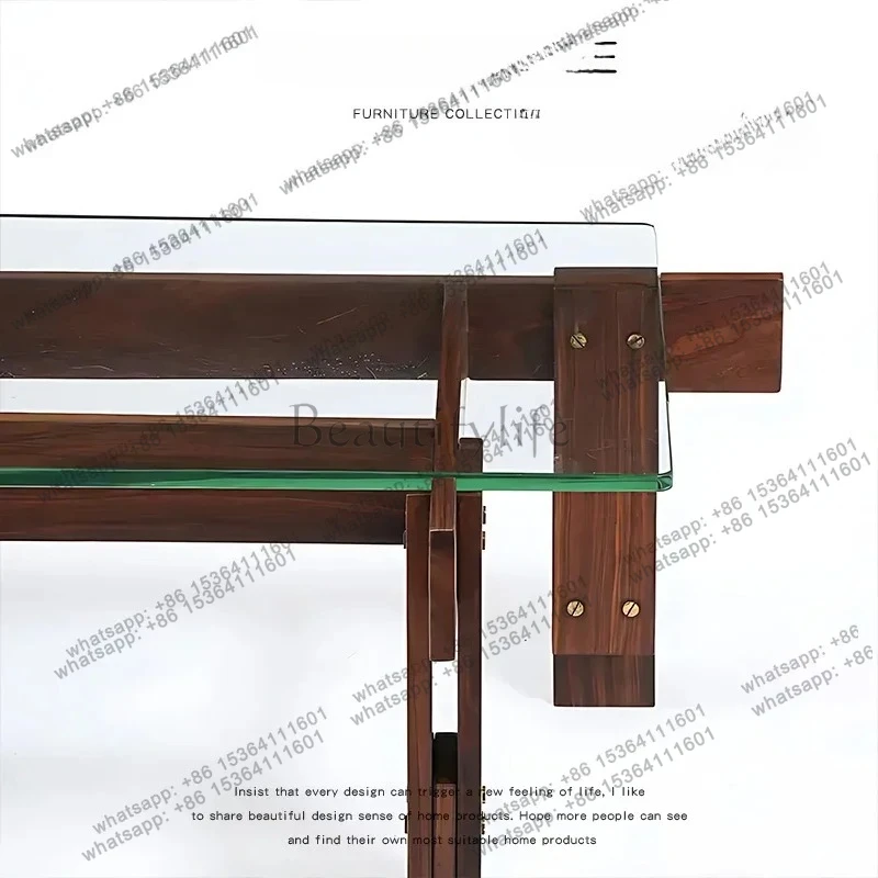 Modern Simple Medieval Tenon And Mortise Structure Ash Solid Wood Glass Coffee Table Living Room Household Small Table