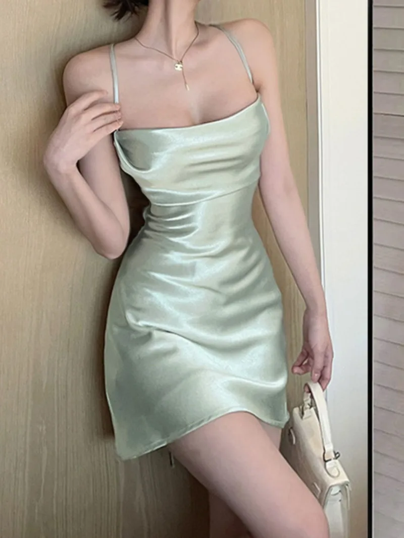 Mint Green Smooth Satin Suspender Dress For Women's Summer 2024 Design, Temperament And Style, Large Backless Short Skirt T5VO