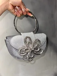 Borsa a mezzaluna con manico ad anello in metallo Borsa da sera lucida con glitter Borsa da donna Borsa a tracolla con pochette per festa di nozze