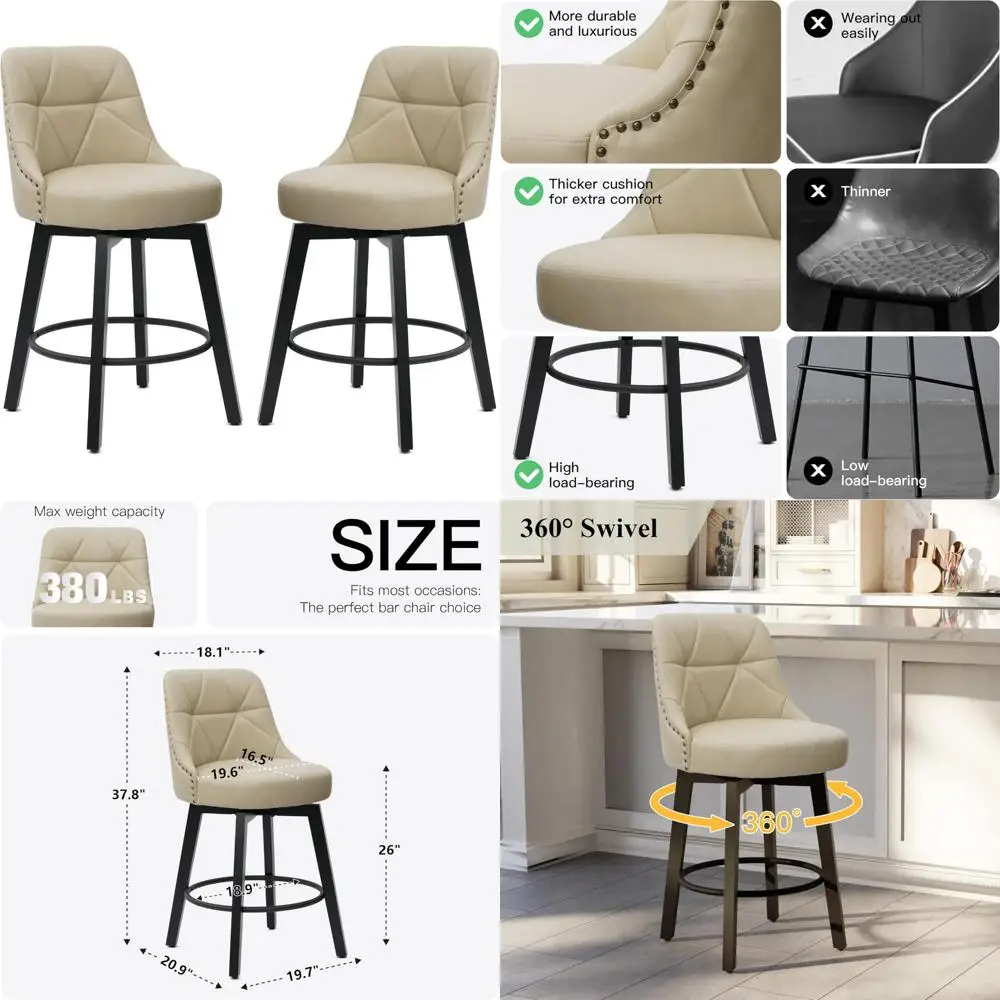 카운터 높이 바 스툴 2개 세트, 26인치 인조 가죽으로 덮인 회전식 주방 아일랜드 스툴(둥근 발판 포함)