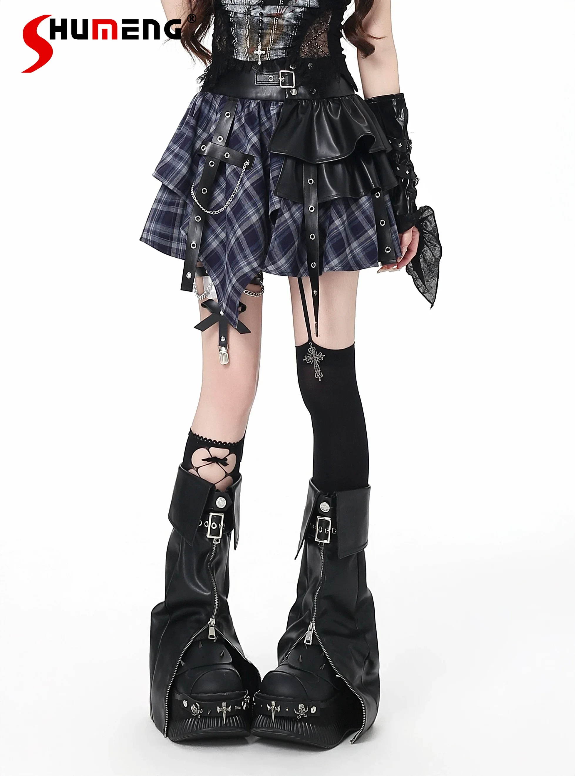 

Original Japanese Subculture Sweet Cool Girl's Y2k Short Skirt High Waist Versatile PU Splicing Plaid Skirts Women 2026 Summer
