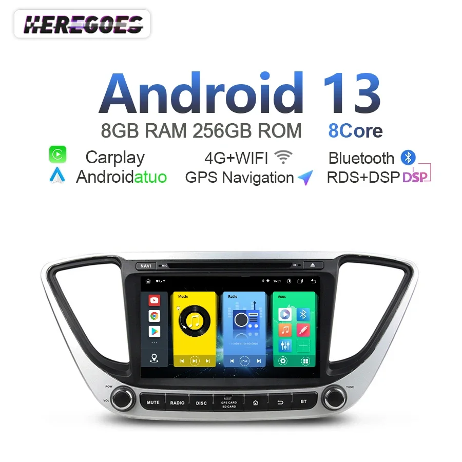 720P Carplay Auto Android 13 Car Radio GPS Player Navigation 8+256 Bluetooth RDS Wifi For Hyundai Accent Verna Solaris 2016-2020