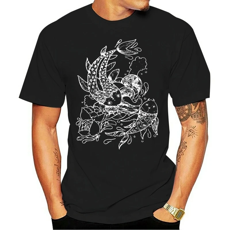 Male Black Tees 100% Cotton Fabric Men's Short Sleeve The Koi Fishes T-shirts Comfortable Shirts Custom Wholesale Buyer Tshirts