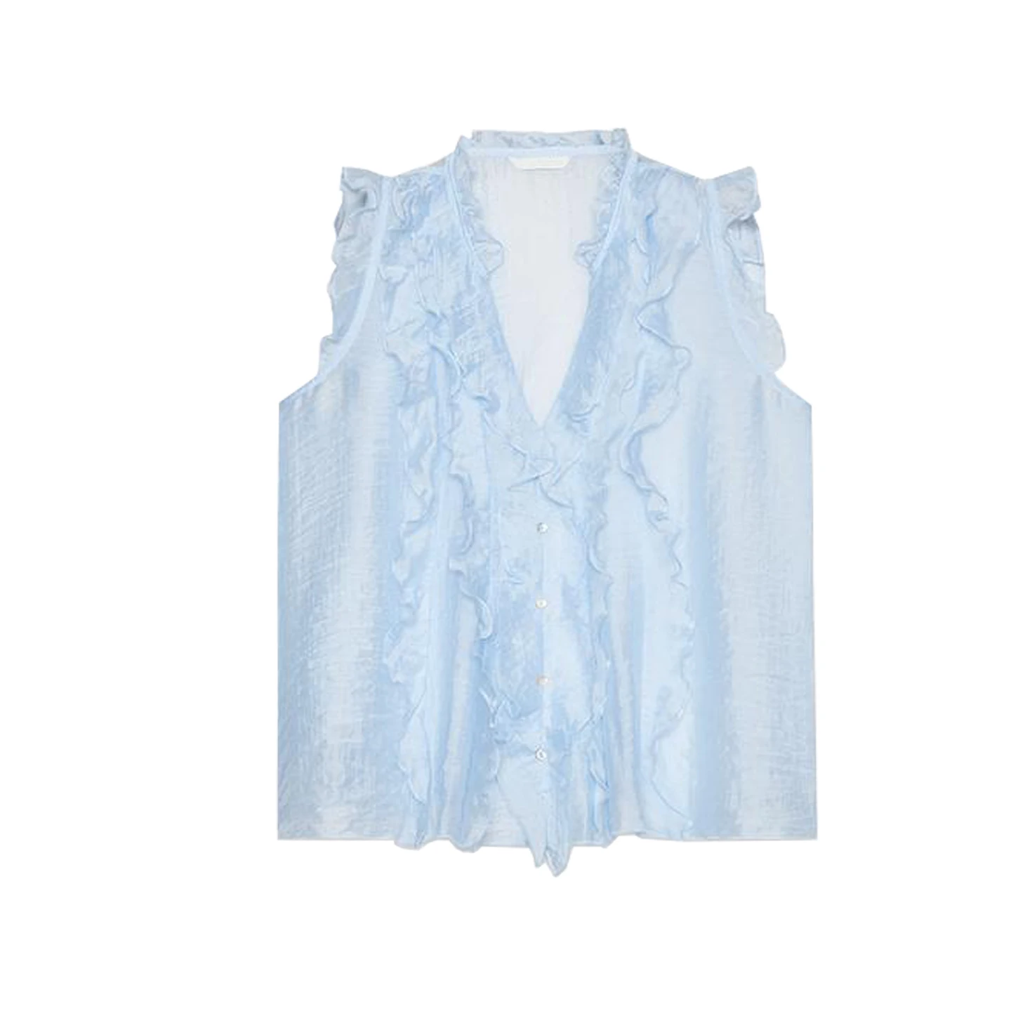 เสื้อผู้หญิงฤดูร้อนแบบโปร่งแสงทรงหลวม แต่งระบายหลายชั้น คอวี ผ้าโพลีเอสเตอร์ เหมาะสำหรับใส่ทำงาน