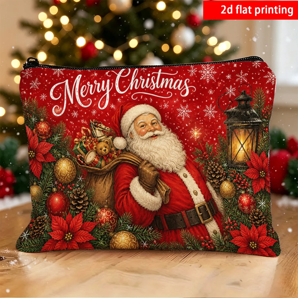 Merry Christmas Cosmetic Bag Santa Claus Gift Bag Lantern Floral Zipper Makeup Pouch Travel Storage Bag Holiday Gift For Women