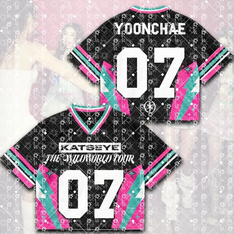 Women K-Pop Cropped Football Jersey Black Pink Teal Print Tour Letter Number 04 V-Neck Short Sleeve Crop Top Streetwear