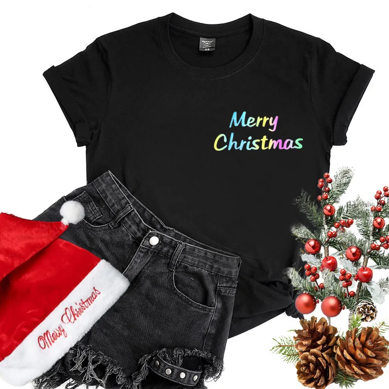 

Woman Top Tees Short Sleeve T Shirts Graphic Tees Women T Shirt Pink Tee Merry Christmas T-shirt
