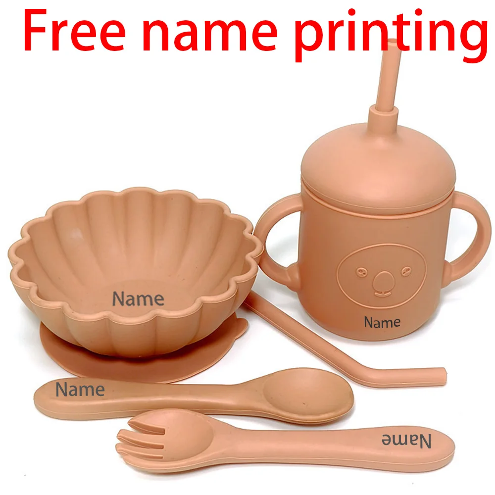 Free Name Printing 4PCS Silicone Tableware Set (Bowl, Fork, Spoon, Cup) Suitable for Boys & Girls Holiday Gift