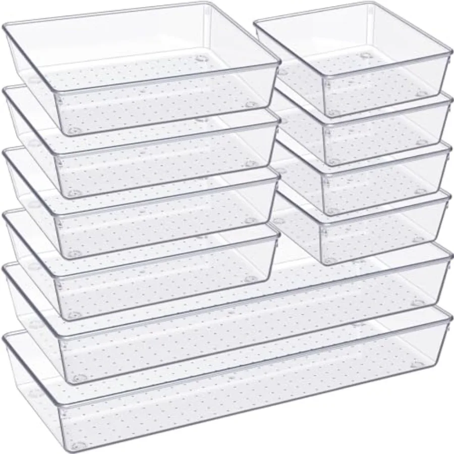 

Drawer Organizer, 10 Pack Large Clear Plastic Set, 3 Size Versatile Bathroom and Vanity Organizer Trays, Storage Bins for Makeu