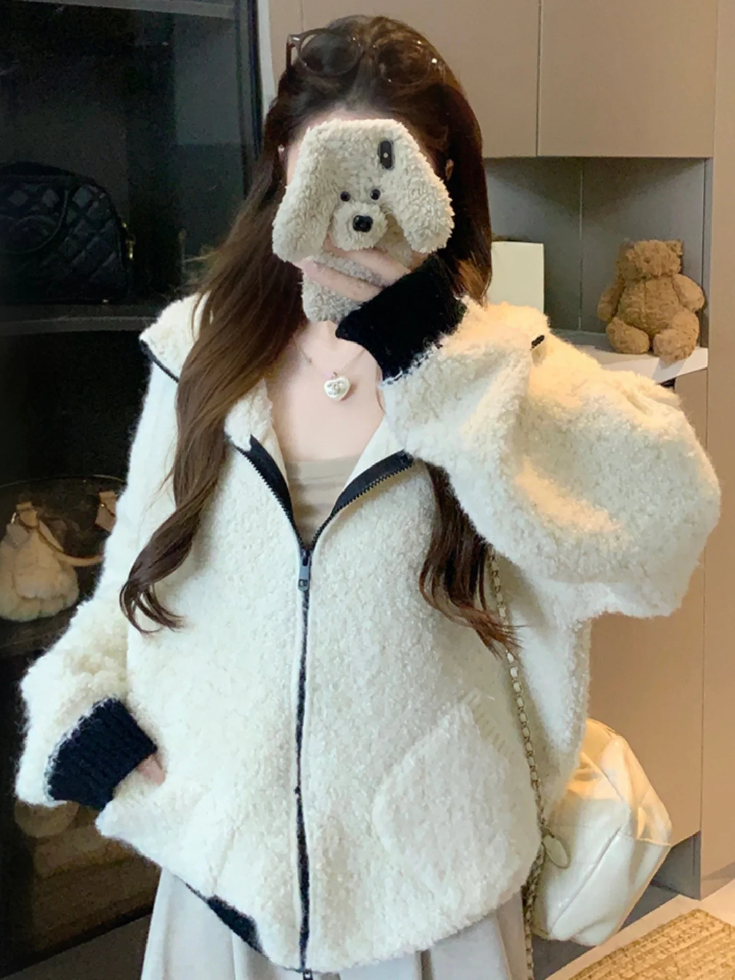 Thickened Stand Collar Furry Knitted Cardigan Sweater Women's Spring Autumn New Large Size Fat MM Slimming Beautiful Top