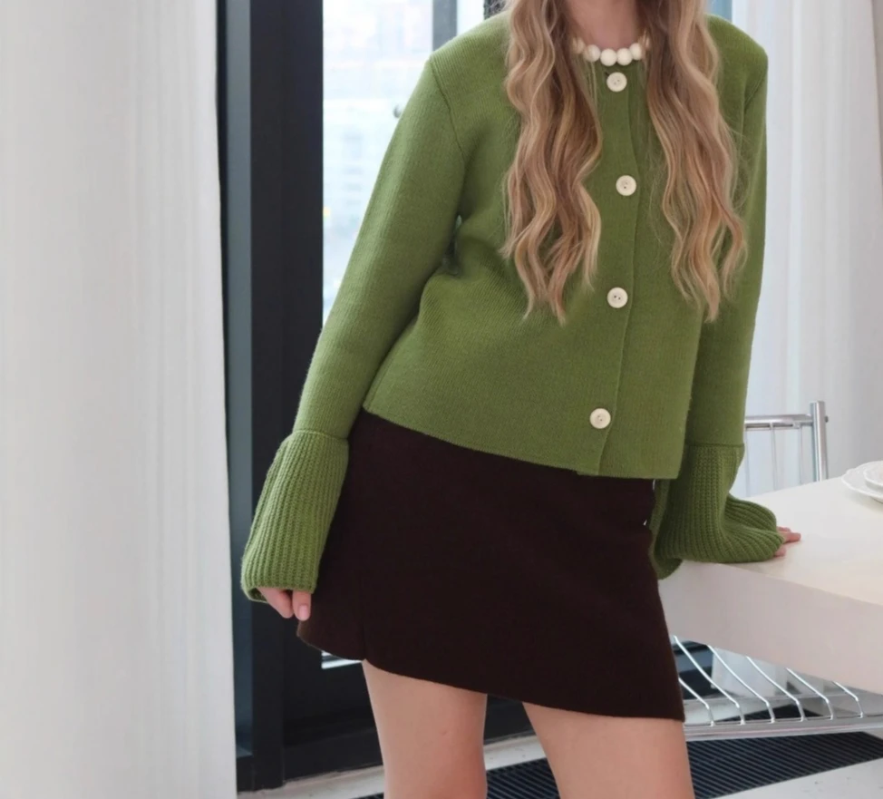 

Horn Sleeve Knitted Cardigan Spring and Autumn Round Neck Solid Color Long Sleeved Sweater Loose and Slimming Women